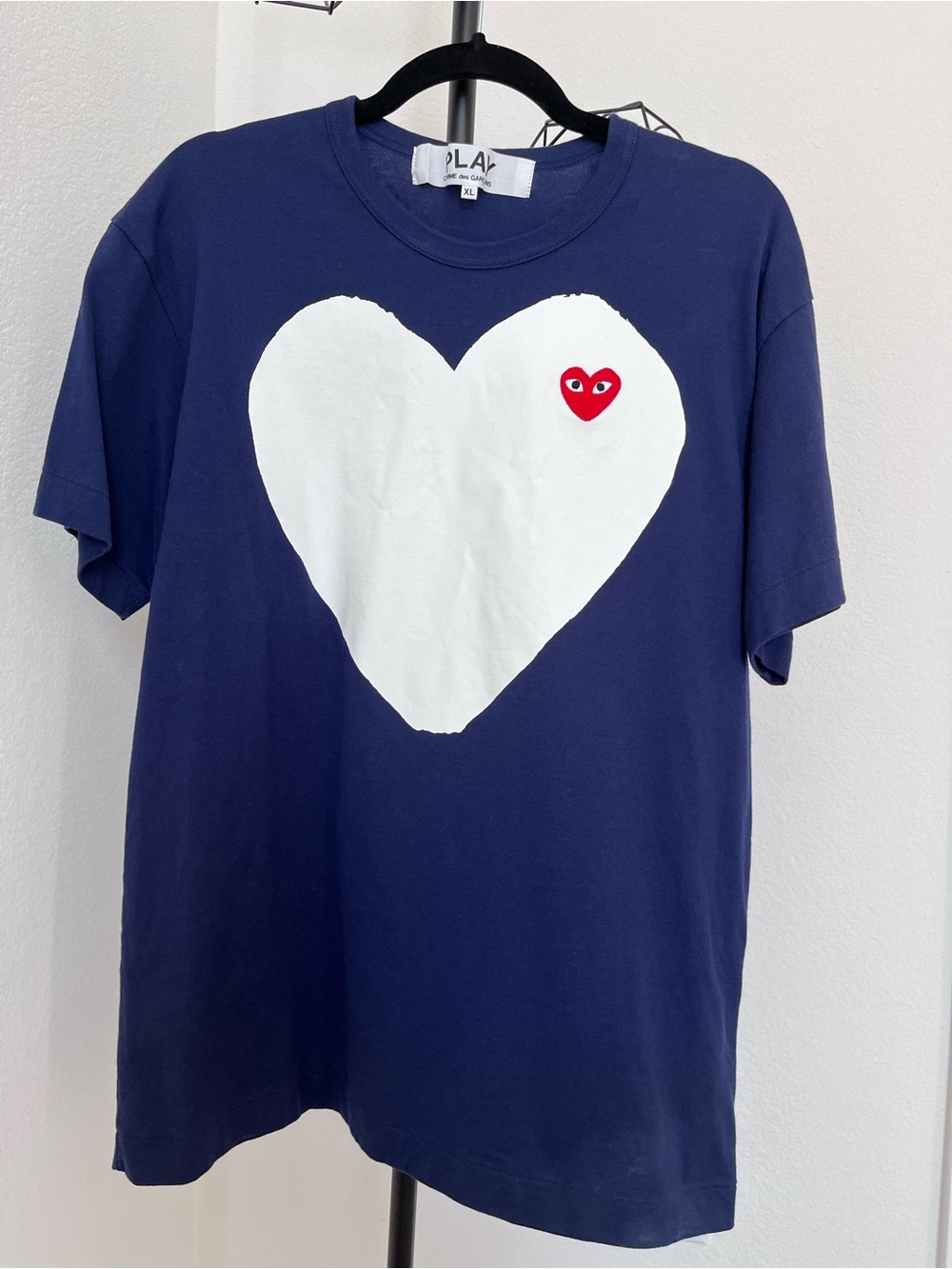 Comme des Garcons PLAY Navy Tee with White Heart and Red Heart Logo Patch